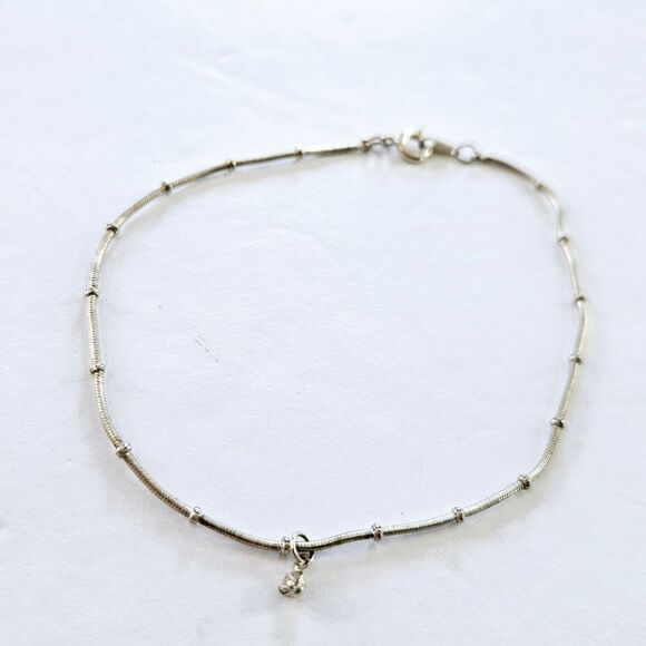 Vintage Silver Snake Chain Beaded Anklet Bracelet Signed Korea Rhinestone Charm - Picture 1 of 5